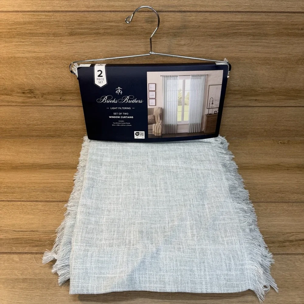Brooks Brothers Set of 2 Window Curtains Light Blue Fringe Light Filtering Boho